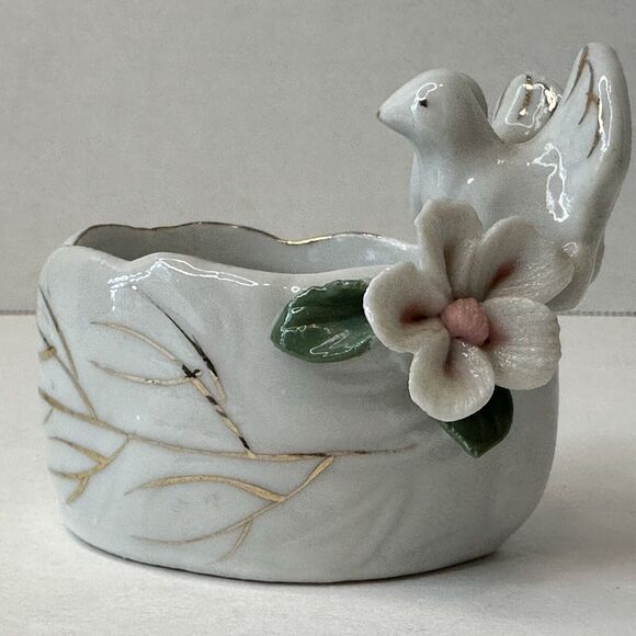 Vintage Doves Flower Planter Trinket Ring Box White w/Gold Trim Pink Floral RARE - Picture 2 of 13
